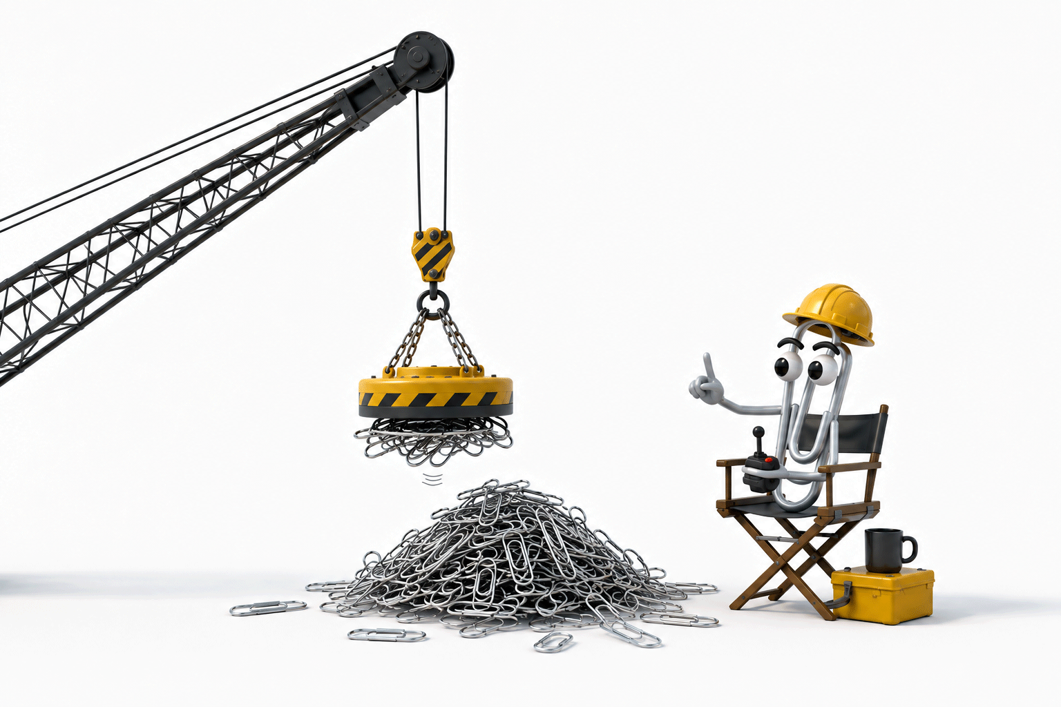 Clippy sitting in a construction director chair holding a control joystick, supervising a magnetic crane lifting silver paperclips.